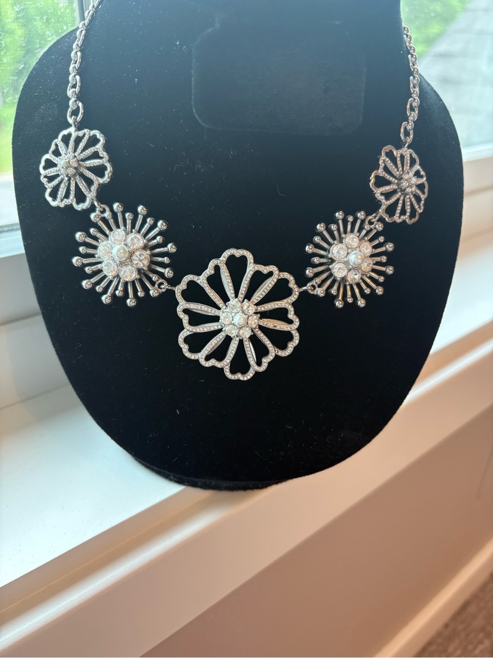 Talbots Floral Rhinestone and Pearl Statement Necklace